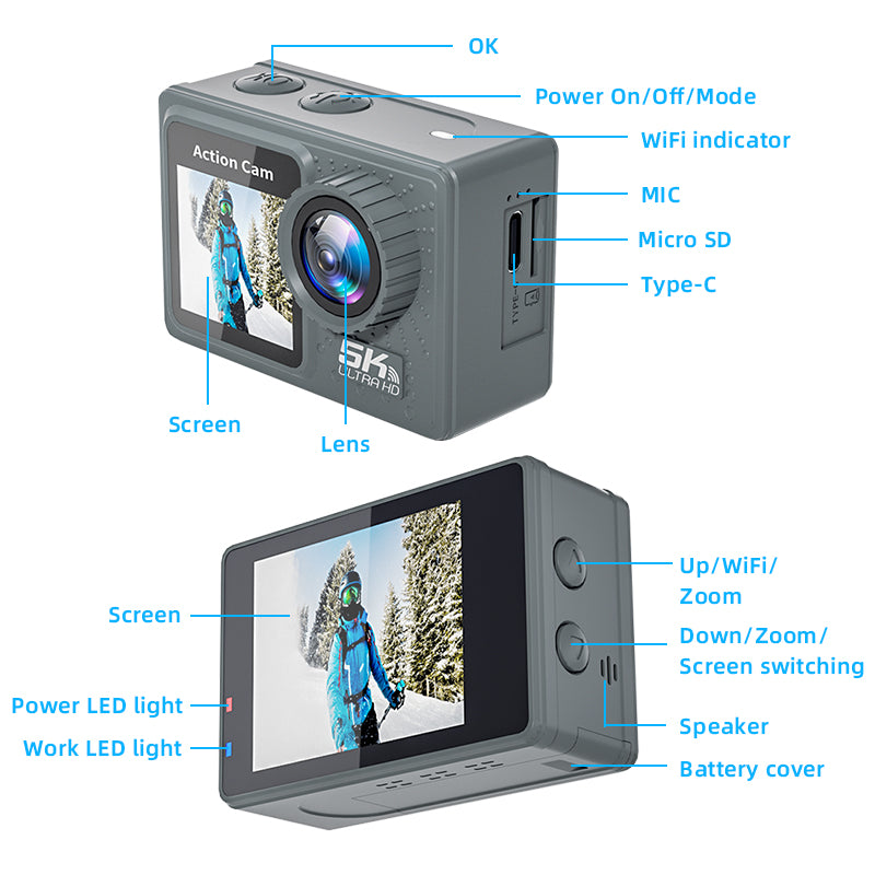 5K Action Camera 24MP Waterproof 30M EIS Stabilization WiFi 170 Angle