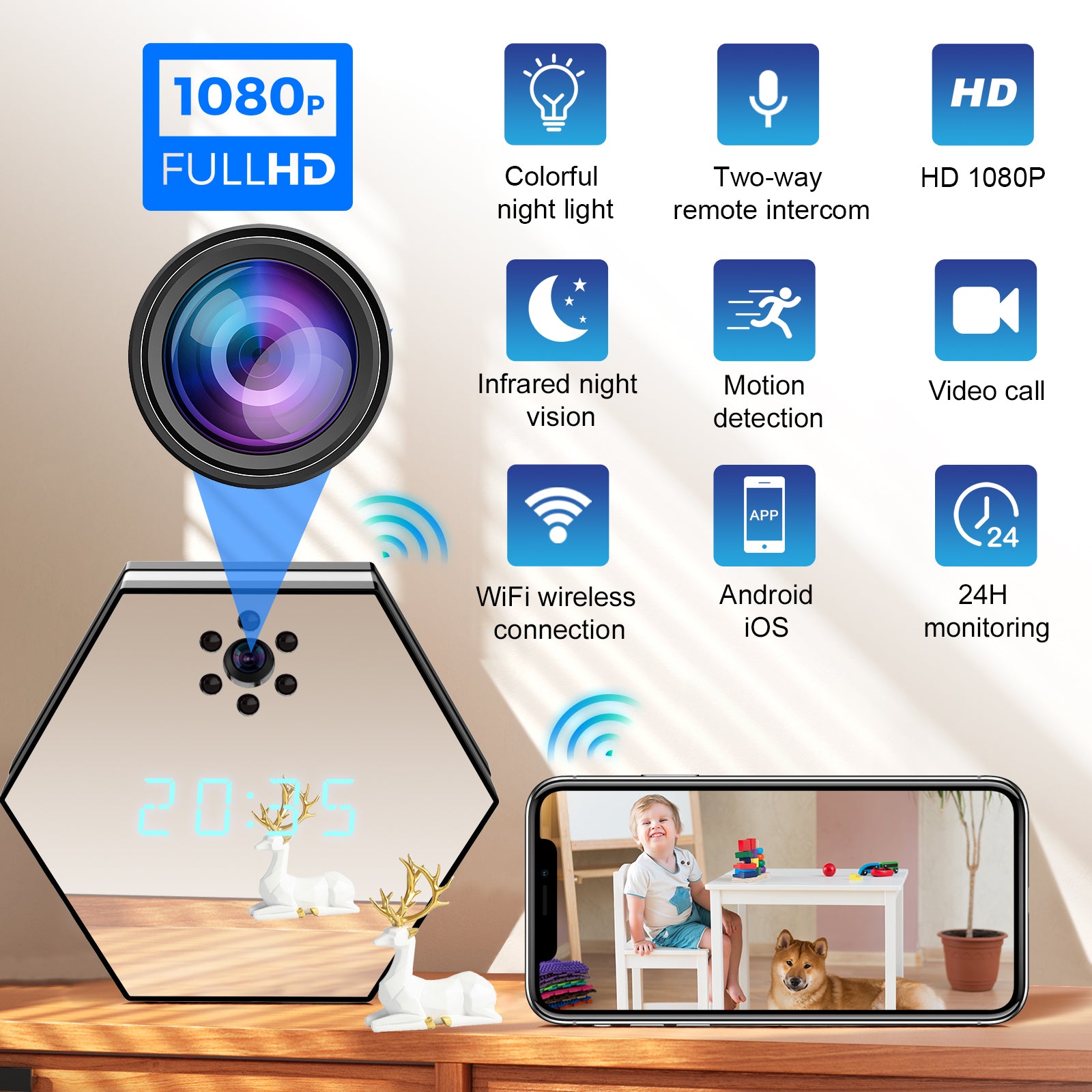 Mini WiFi 7 Colors Night Lights IP Home Surveillance 1080P FHD Cameras